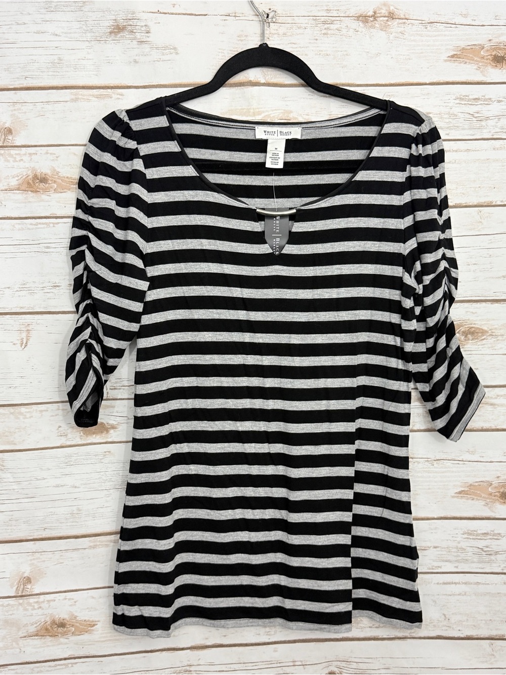 White House Black Market Gray Striped Ruched Sleeve Blouse NWT Medium